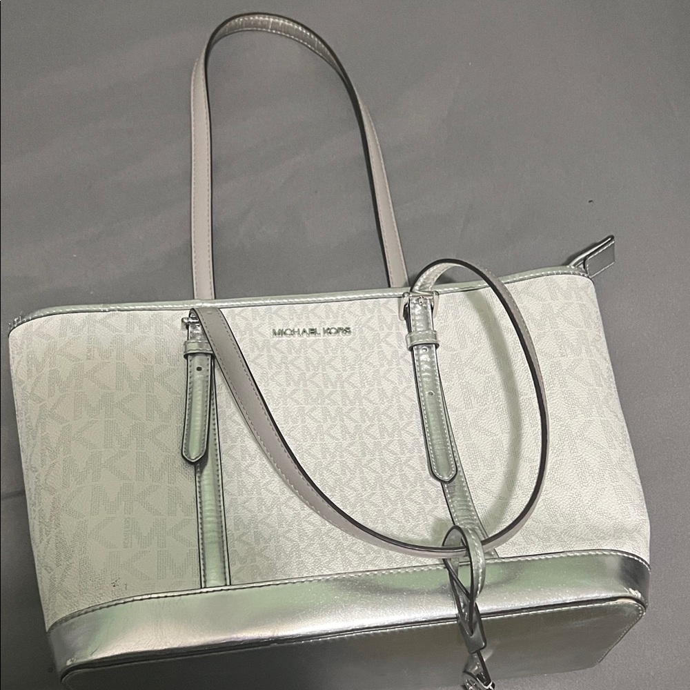 Michael Kors Metallic Silver and Cream Tote Bag